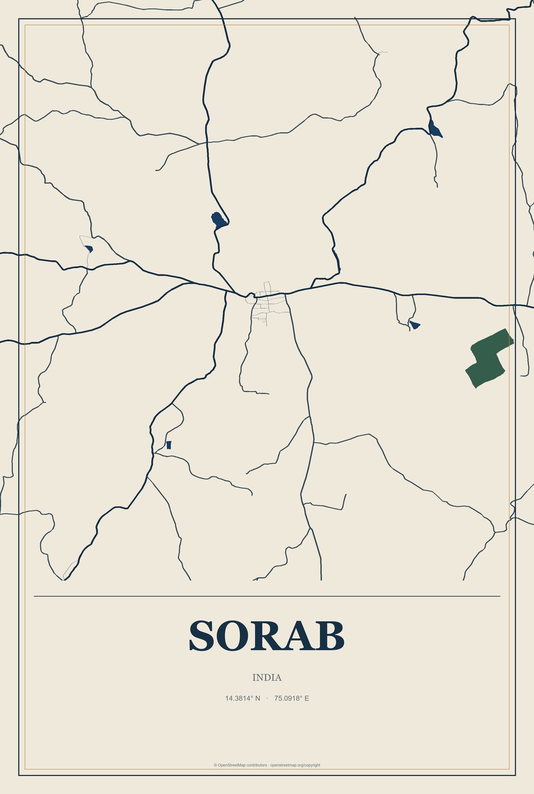 Sorab, India City Map Aluminum Sign in Coastal Cutout style