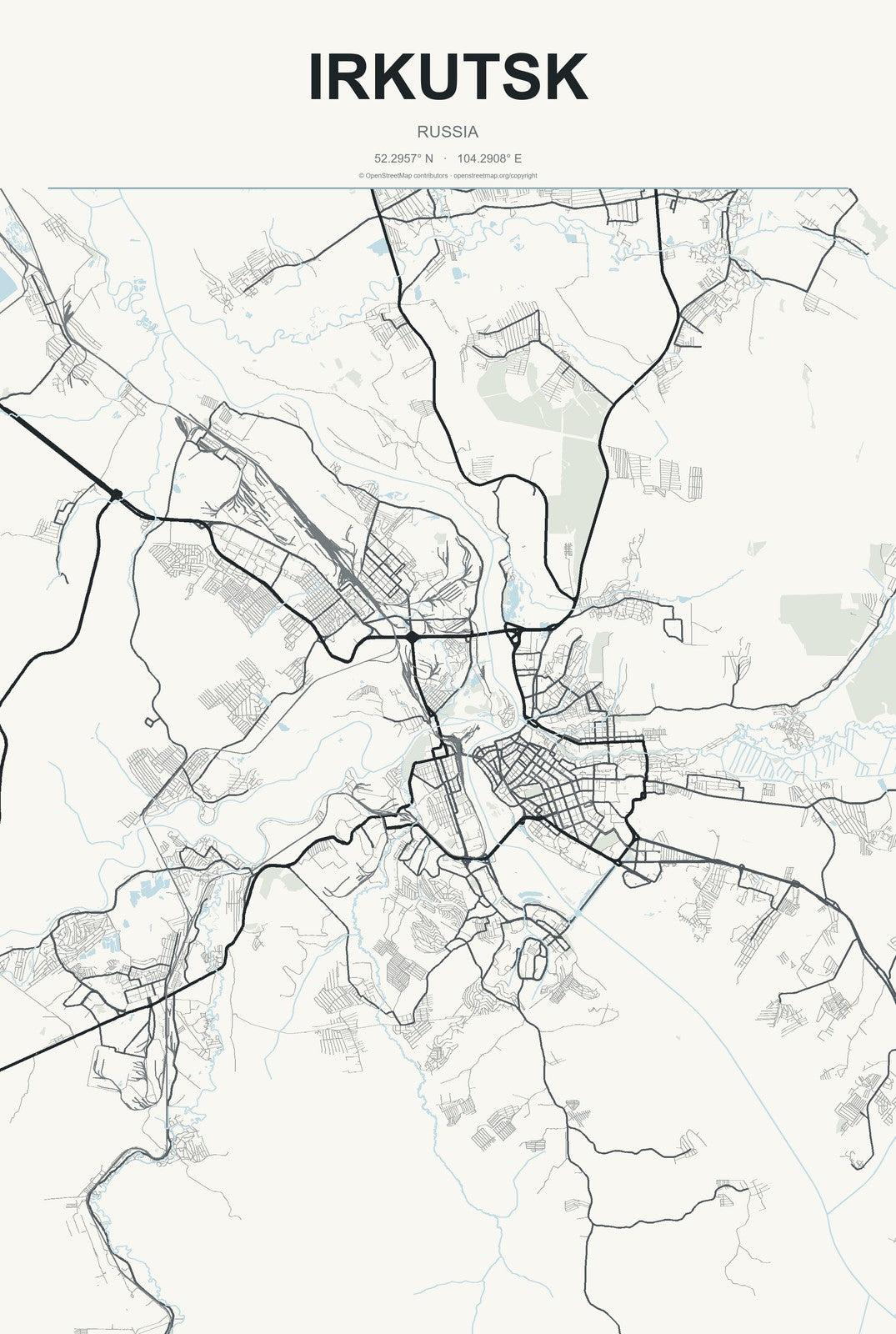 Irkutsk, Russia City Map Aluminum Sign in Headline Atlas style