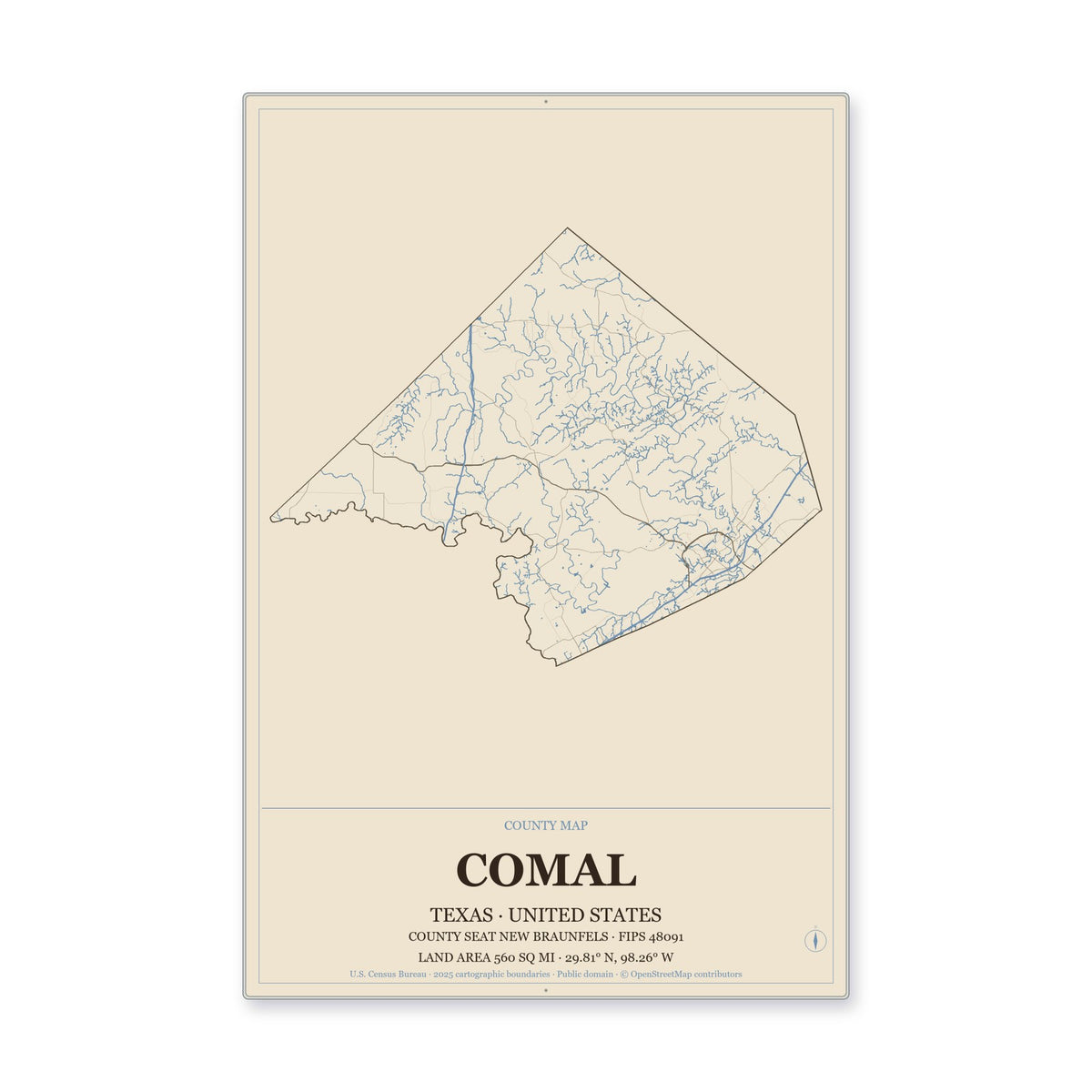 Comal County, Texas Map Aluminum Sign in Heritage Nautical style