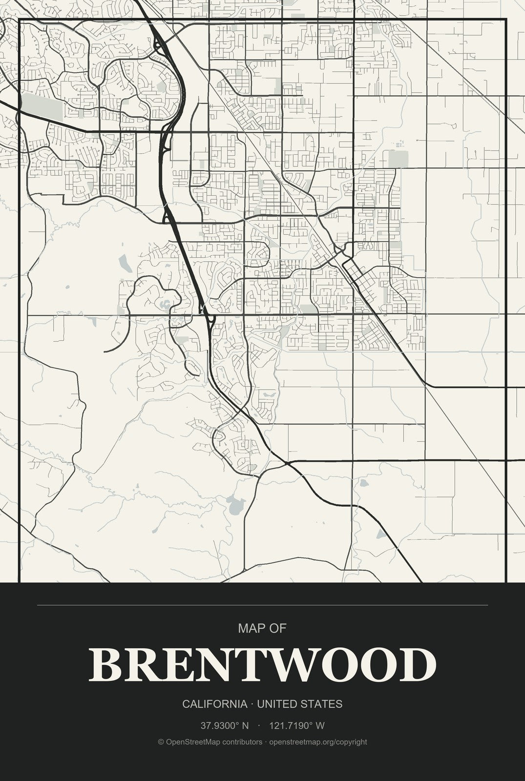 Brentwood, California City Map Aluminum Sign in Museum Plaque style
