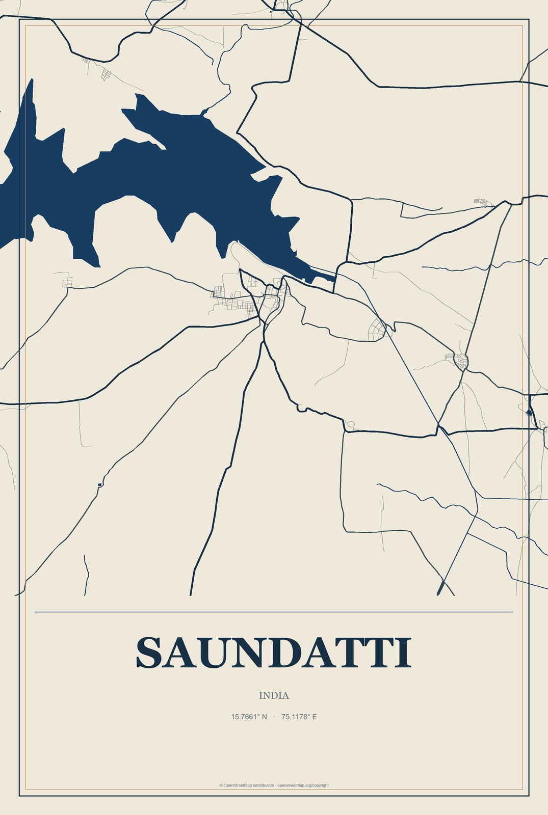 Saundatti, India City Map Aluminum Sign in Coastal Cutout style