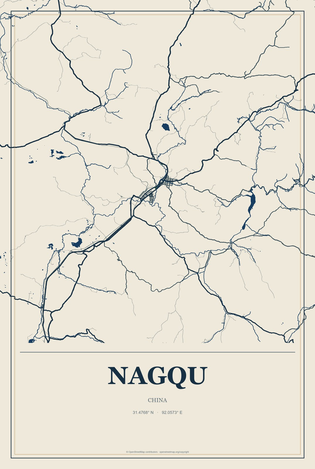 Nagqu, China City Map Aluminum Sign in Coastal Cutout style