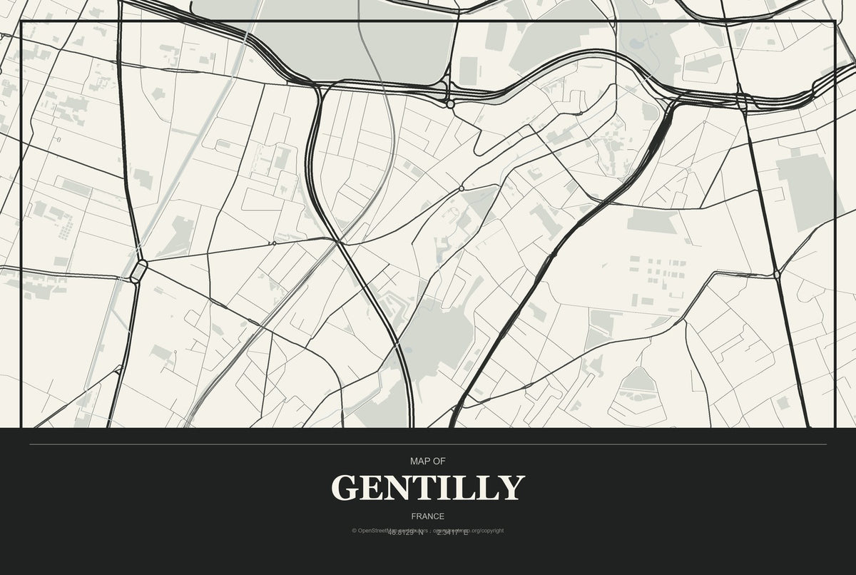 Gentilly, France City Map Aluminum Sign in Museum Plaque style