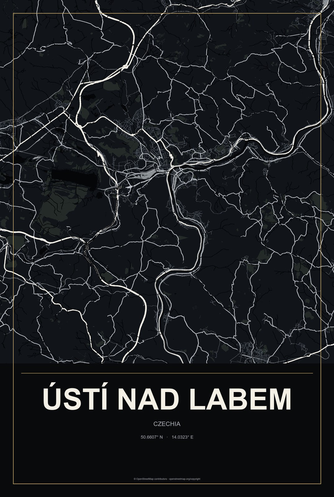 Ústí nad Labem, Czechia City Map Aluminum Sign in Metropolitan Noir style