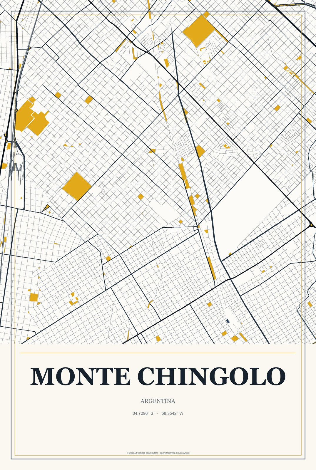 Monte Chingolo, Argentina City Map Aluminum Sign in Citrine Modern style