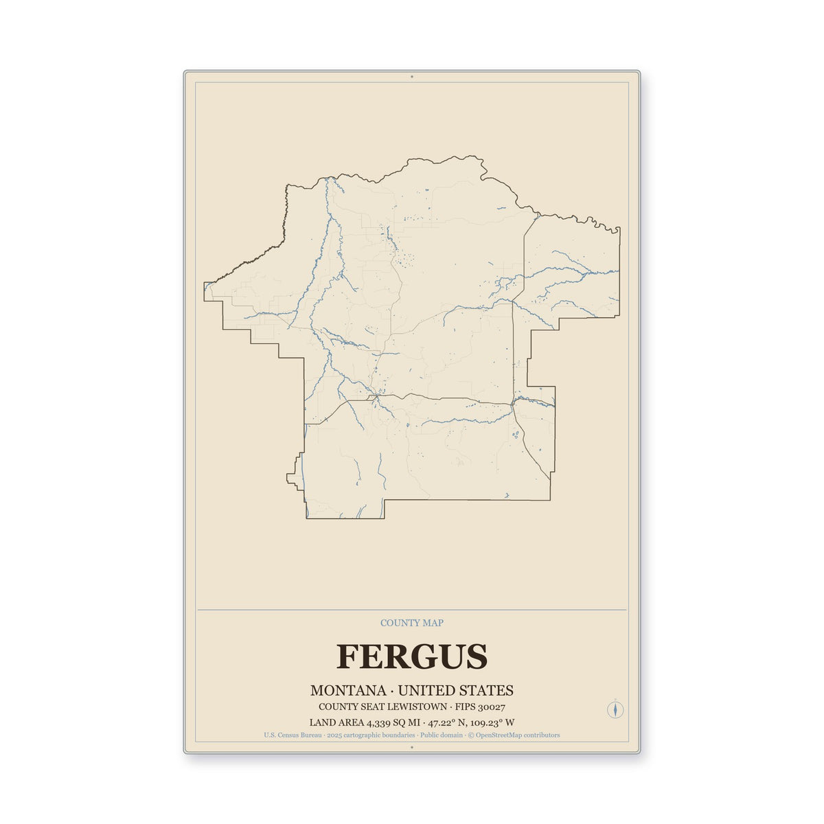 Fergus County, Montana Map Aluminum Sign in Heritage Nautical style
