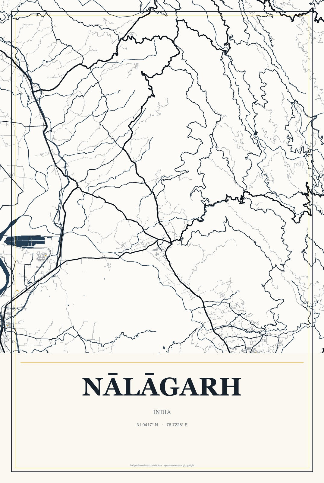 Nālāgarh, India City Map Aluminum Sign in Citrine Modern style