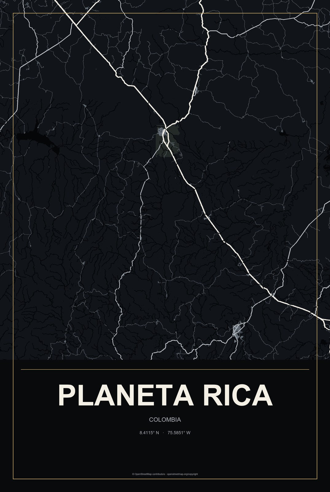 Planeta Rica, Colombia City Map Aluminum Sign in Metropolitan Noir style