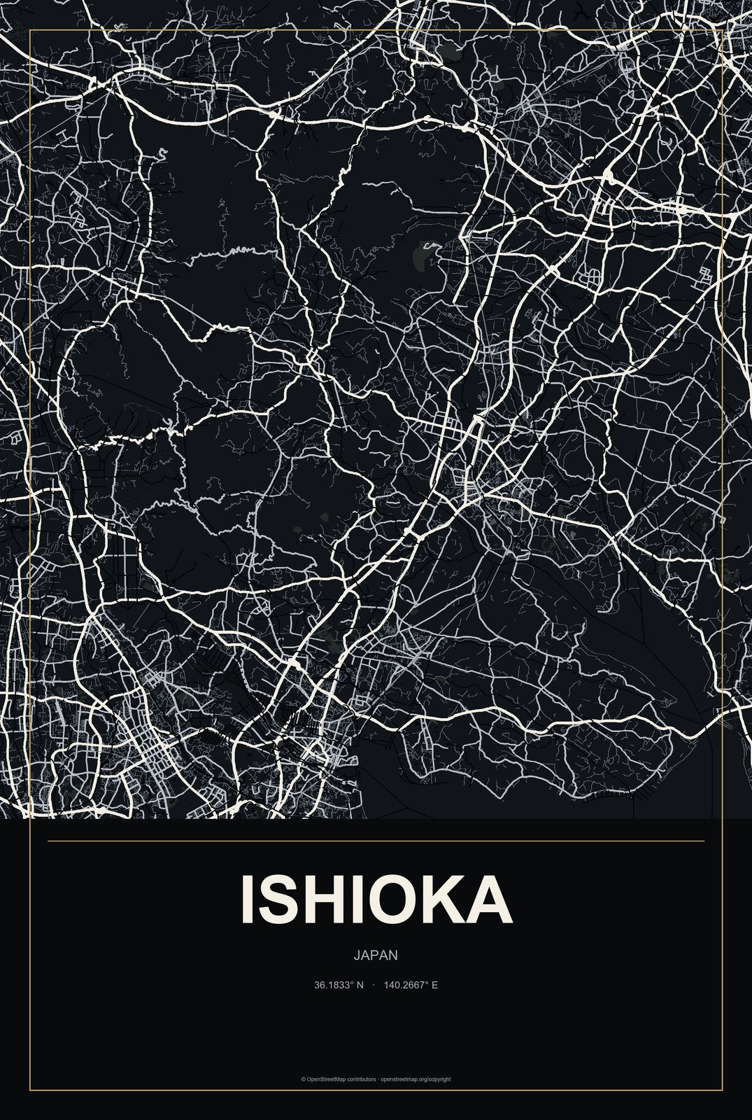 Ishioka, Japan City Map Aluminum Sign in Metropolitan Noir style