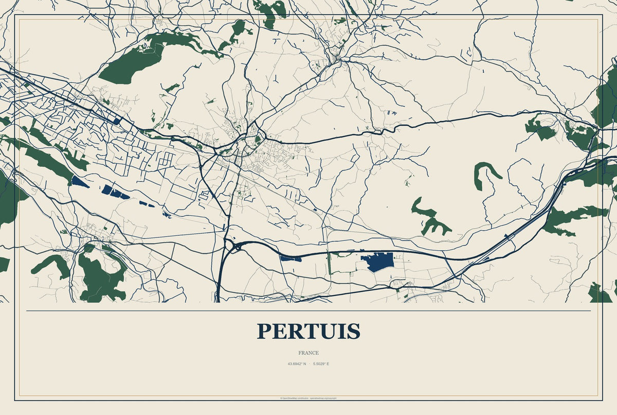 Pertuis, France City Map Aluminum Sign in Coastal Cutout style