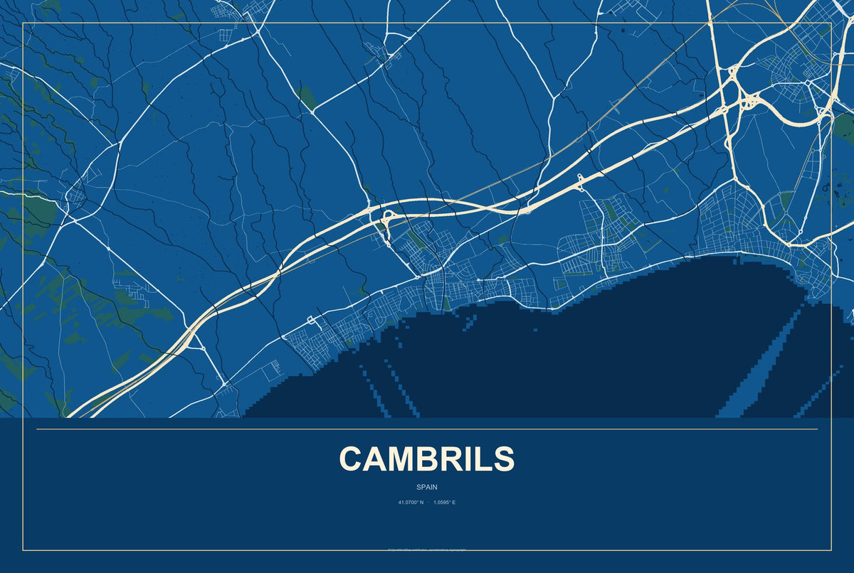 Cambrils, Spain City Map Aluminum Sign in Harbor Cobalt style