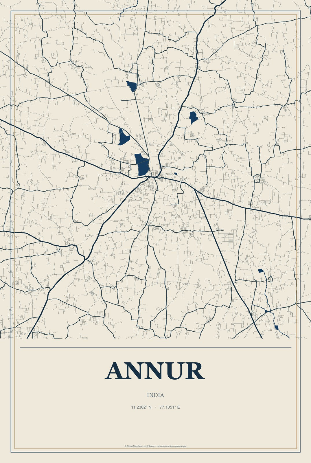 Annur, India City Map Aluminum Sign in Coastal Cutout style