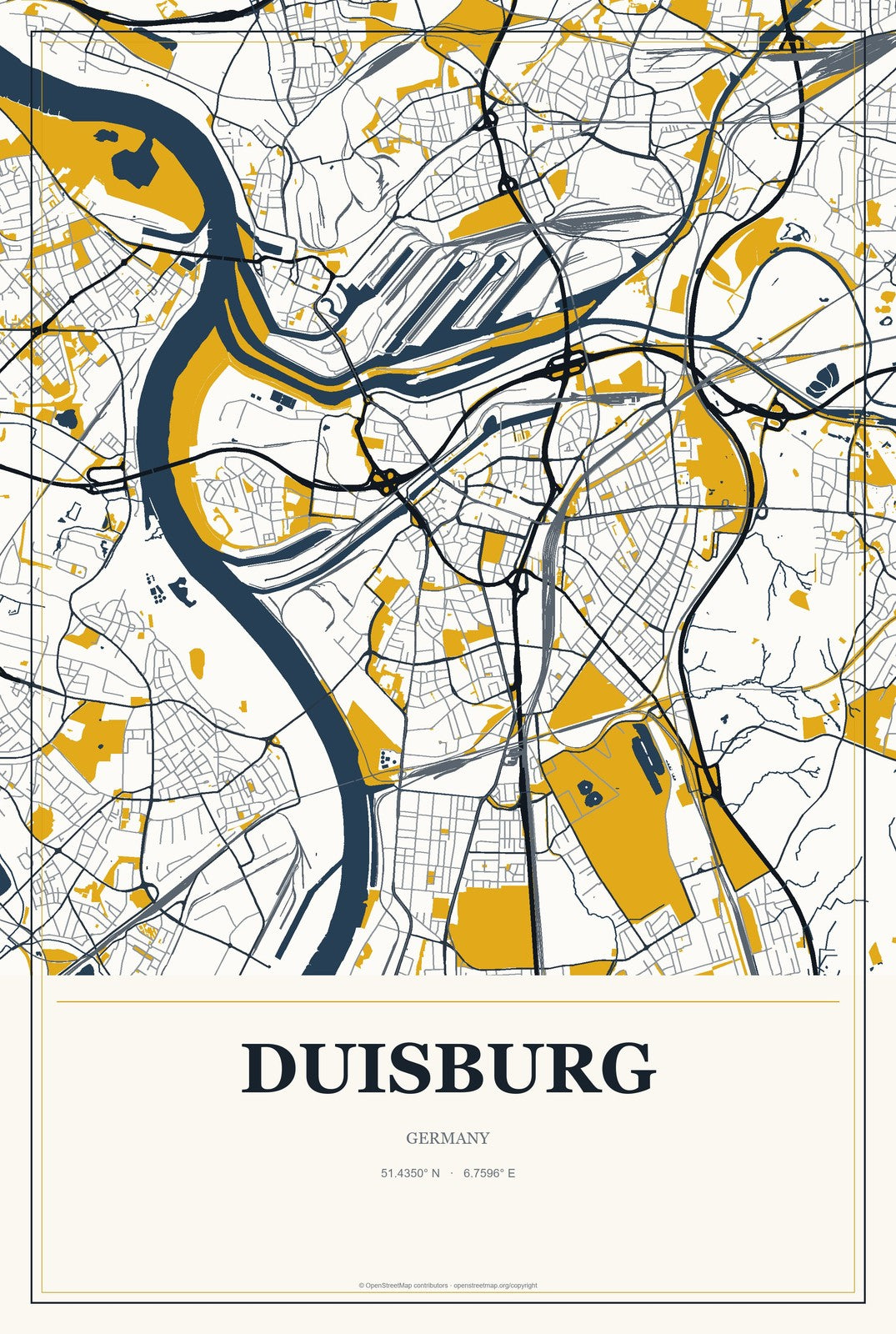 Duisburg, Germany City Map Aluminum Sign in Citrine Modern style