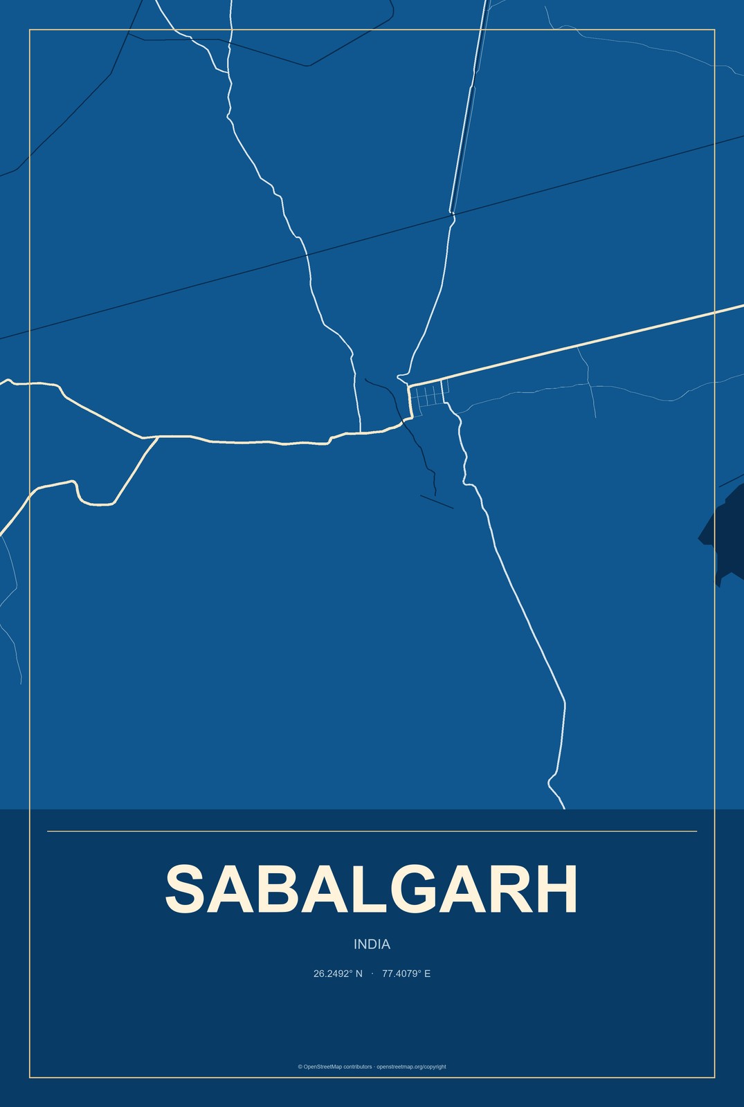 Sabalgarh, India City Map Aluminum Sign in Harbor Cobalt style