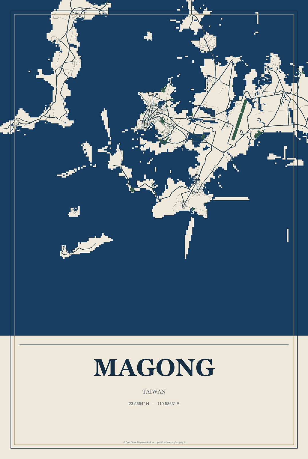Magong, Taiwan City Map Aluminum Sign in Coastal Cutout style