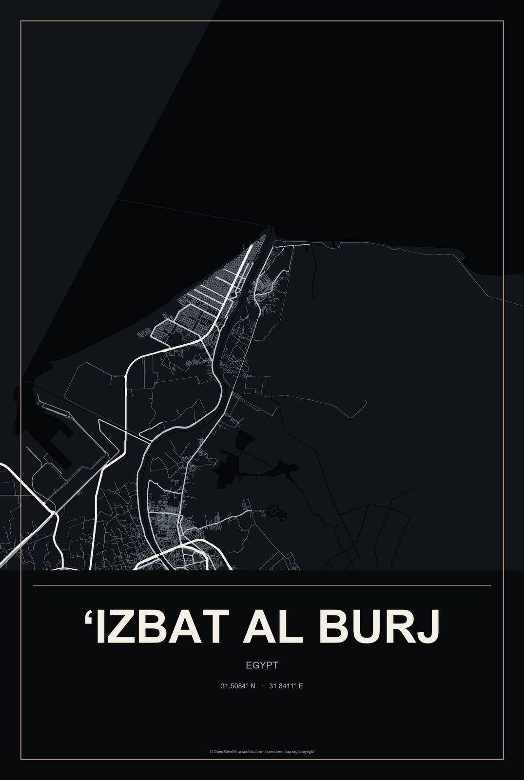 ‘Izbat al Burj, Egypt City Map Aluminum Sign in Metropolitan Noir style