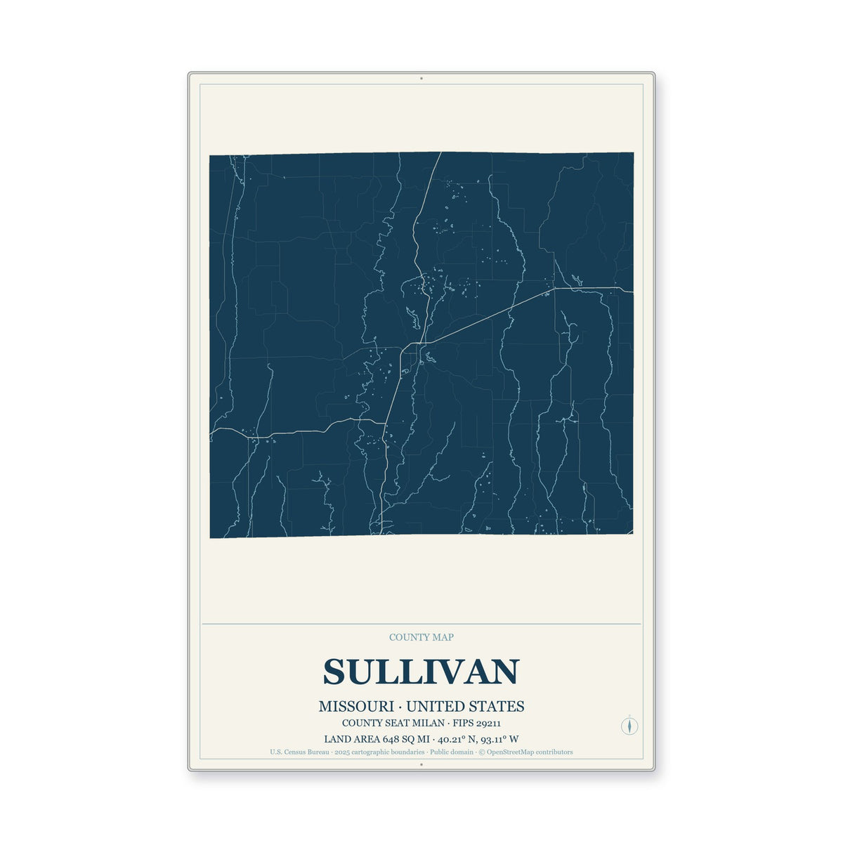 Sullivan County, Missouri Map Aluminum Sign in Coastal Cutout style