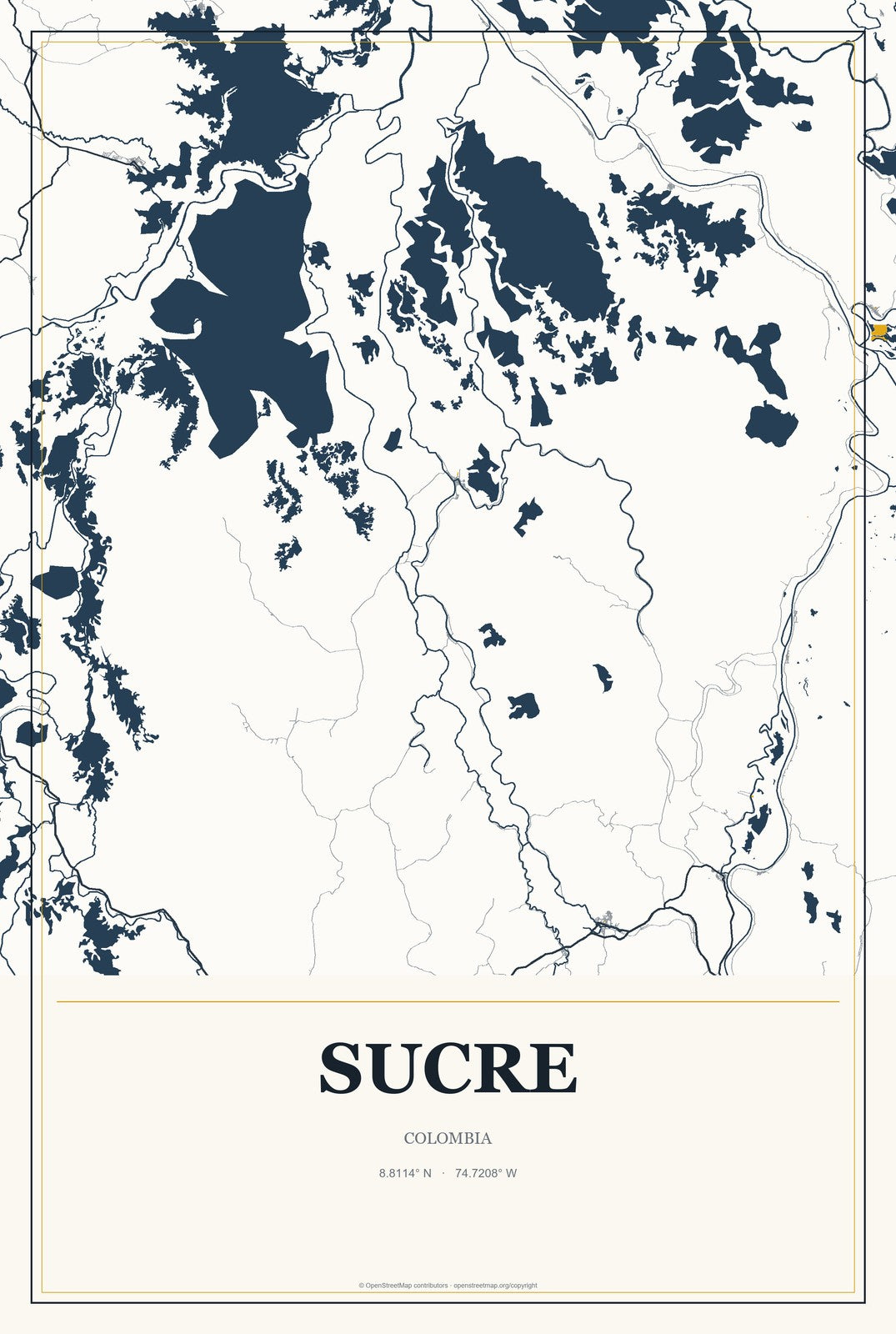 Sucre, Colombia City Map Aluminum Sign in Citrine Modern style