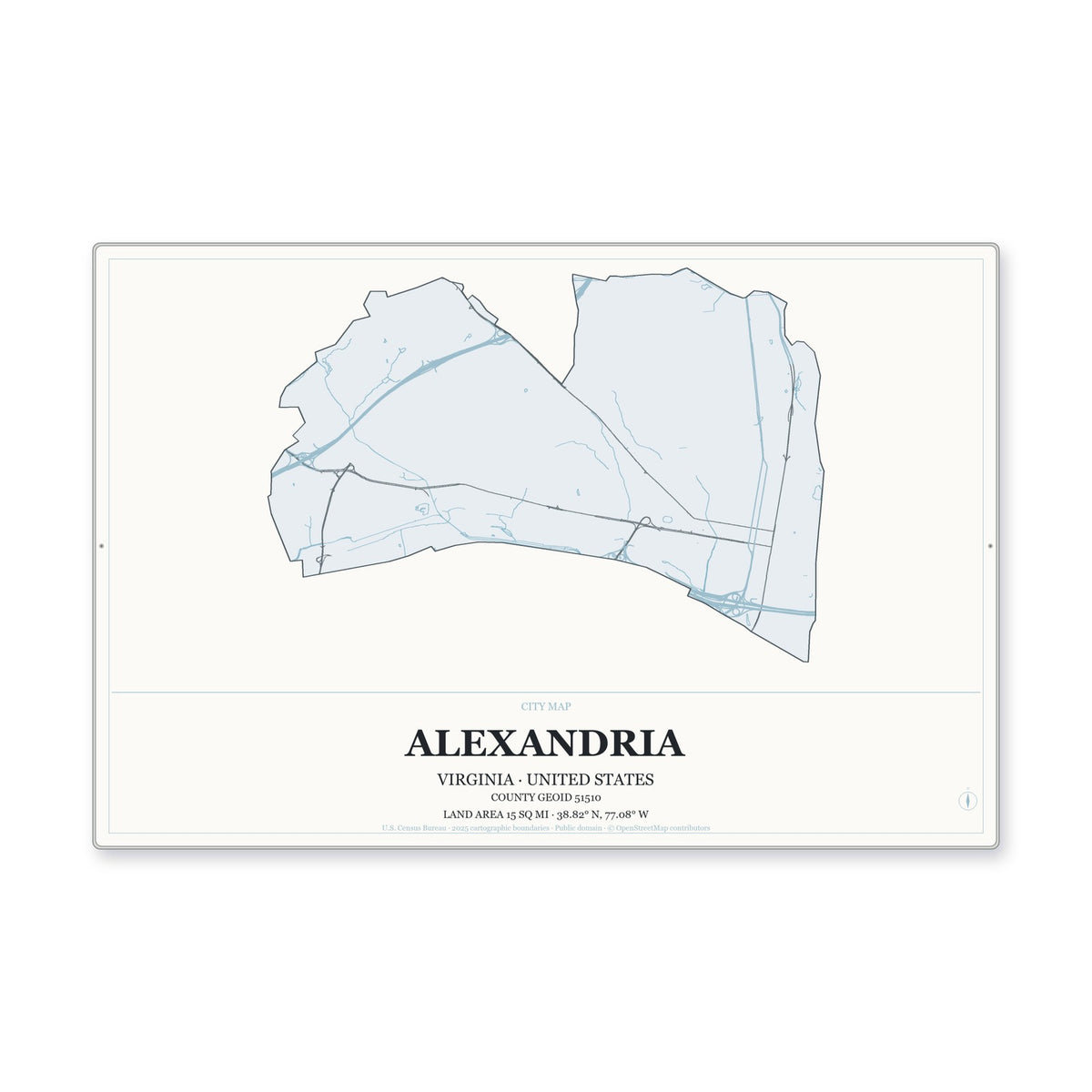 Alexandria city, Virginia Map Aluminum Sign in Gallery Air style