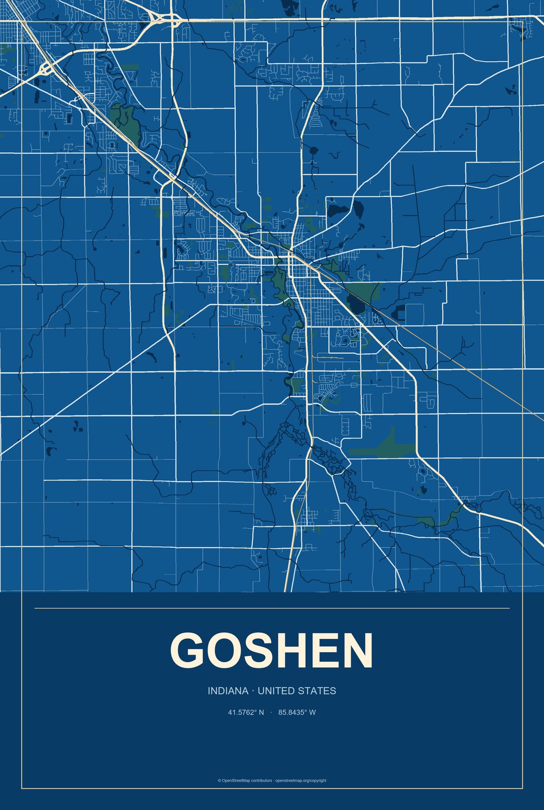 Goshen, Indiana City Map Aluminum Sign in Harbor Cobalt style