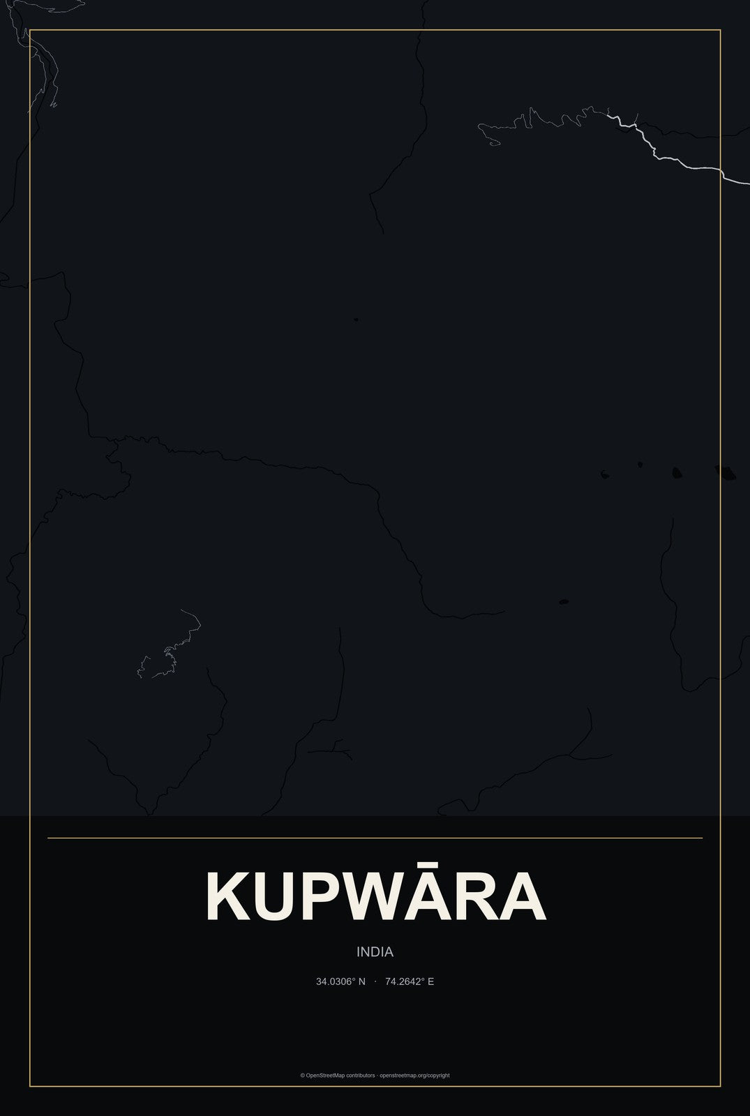 Kupwāra, India City Map Aluminum Sign in Metropolitan Noir style