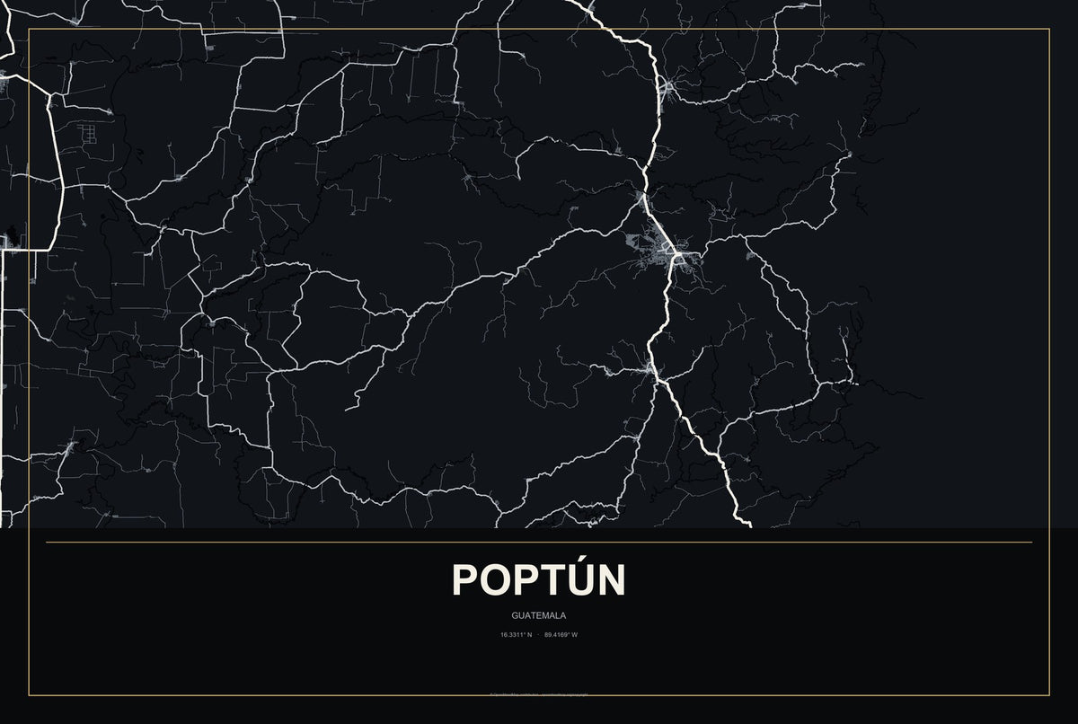 Poptún, Guatemala City Map Aluminum Sign in Metropolitan Noir style