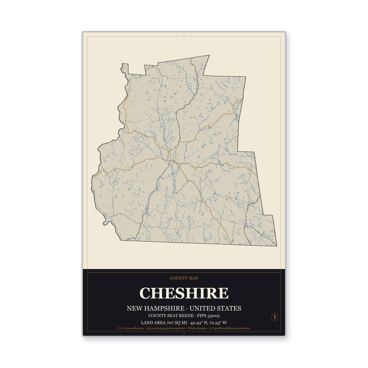Cheshire County, New Hampshire Map Aluminum Sign in Museum Plaque style