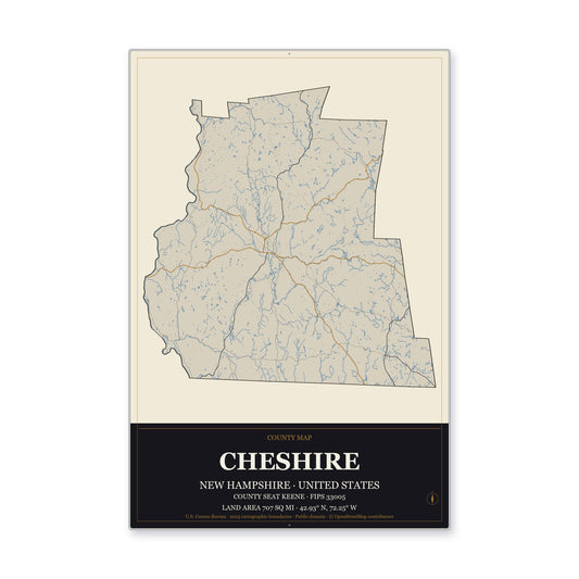 Cheshire County, New Hampshire Map Aluminum Sign in Museum Plaque style