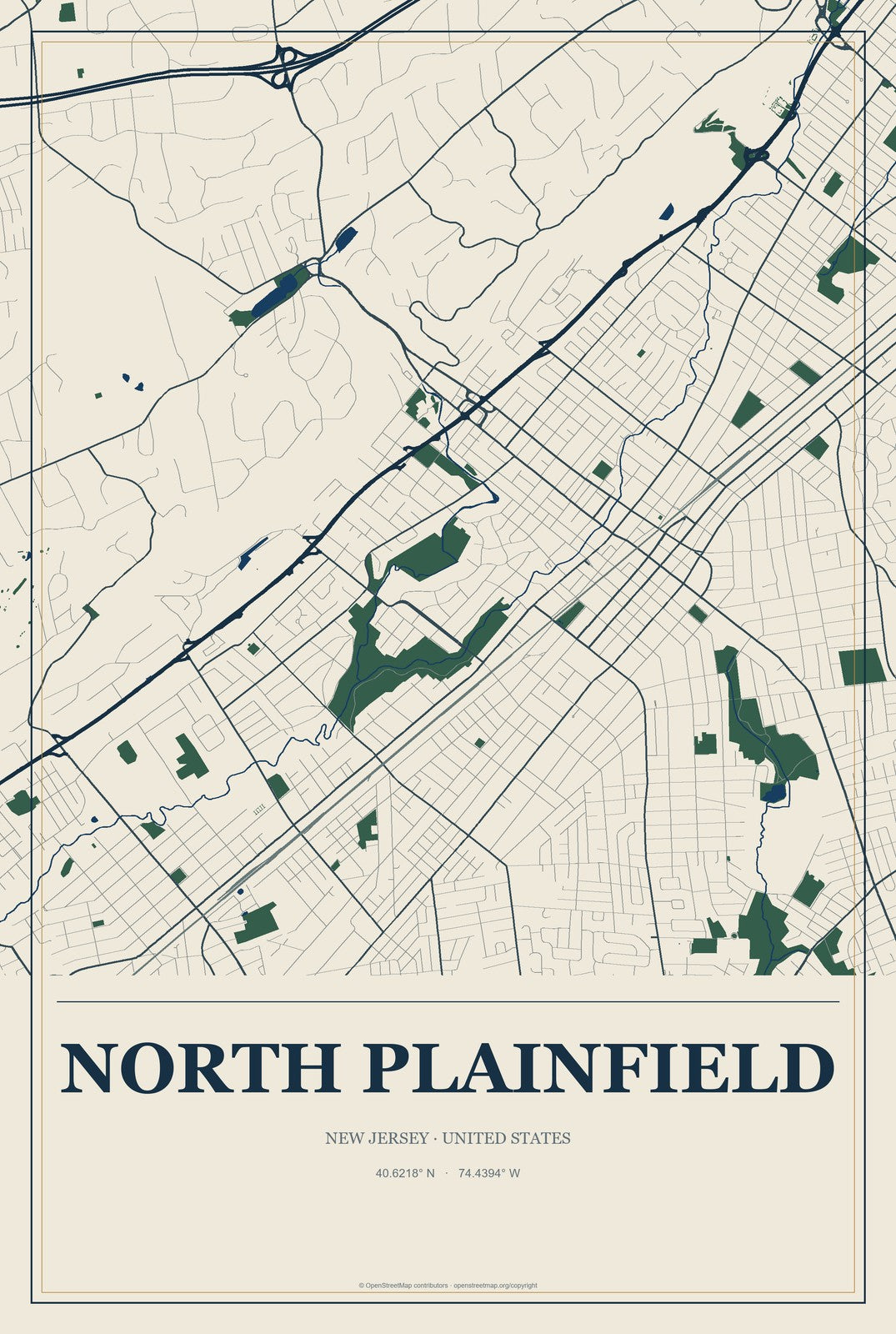 North Plainfield, New Jersey City Map Aluminum Sign in Coastal Cutout style