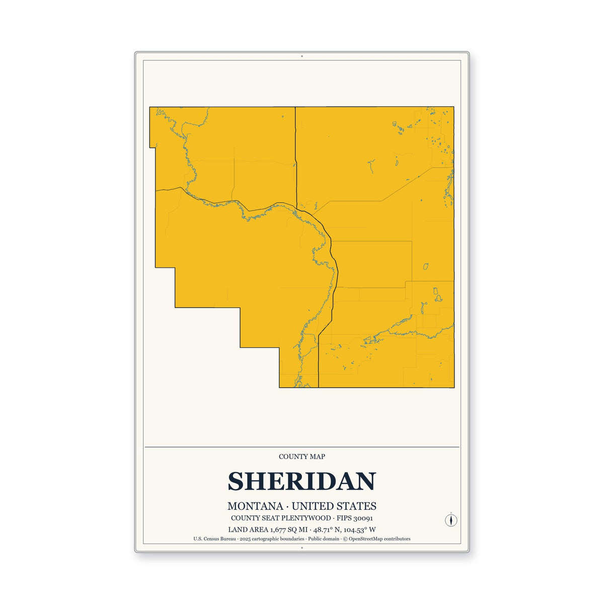 Sheridan County, Montana Map Aluminum Sign in Citrine Modern style