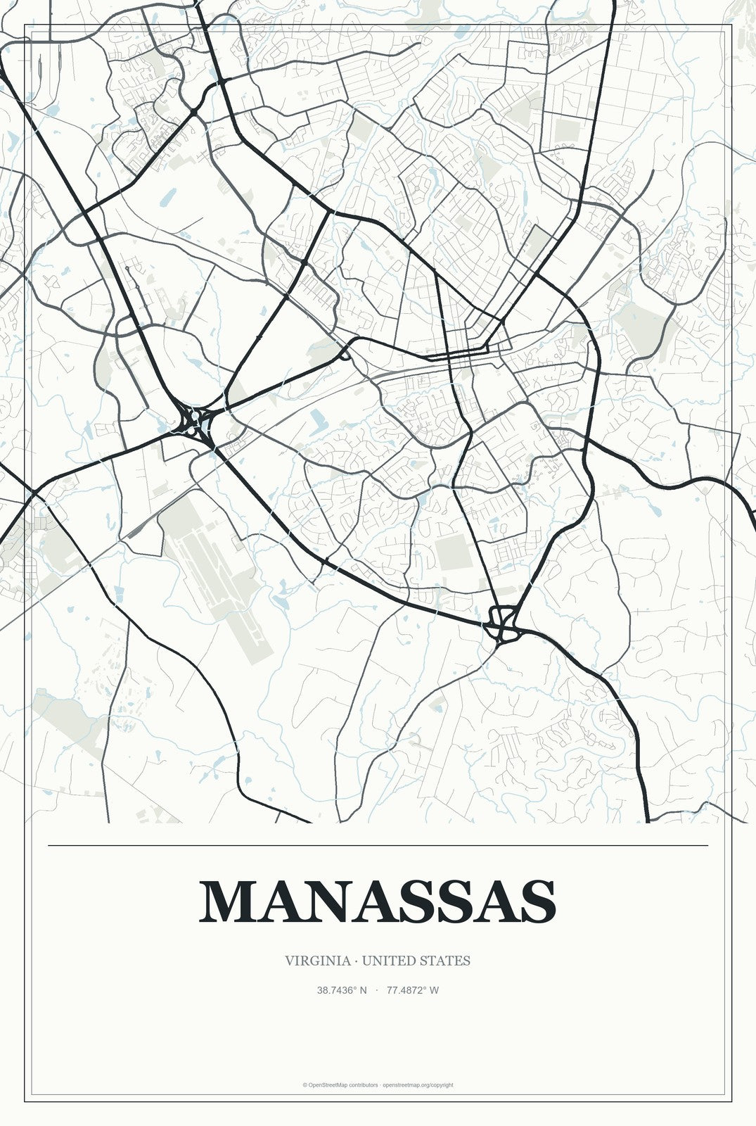 Manassas, Virginia City Map Aluminum Sign in Gallery Air style