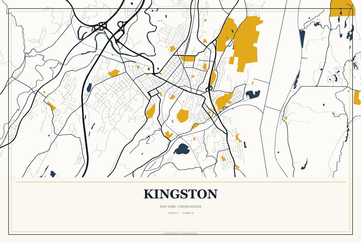 Kingston, New York City Map Aluminum Sign in Citrine Modern style