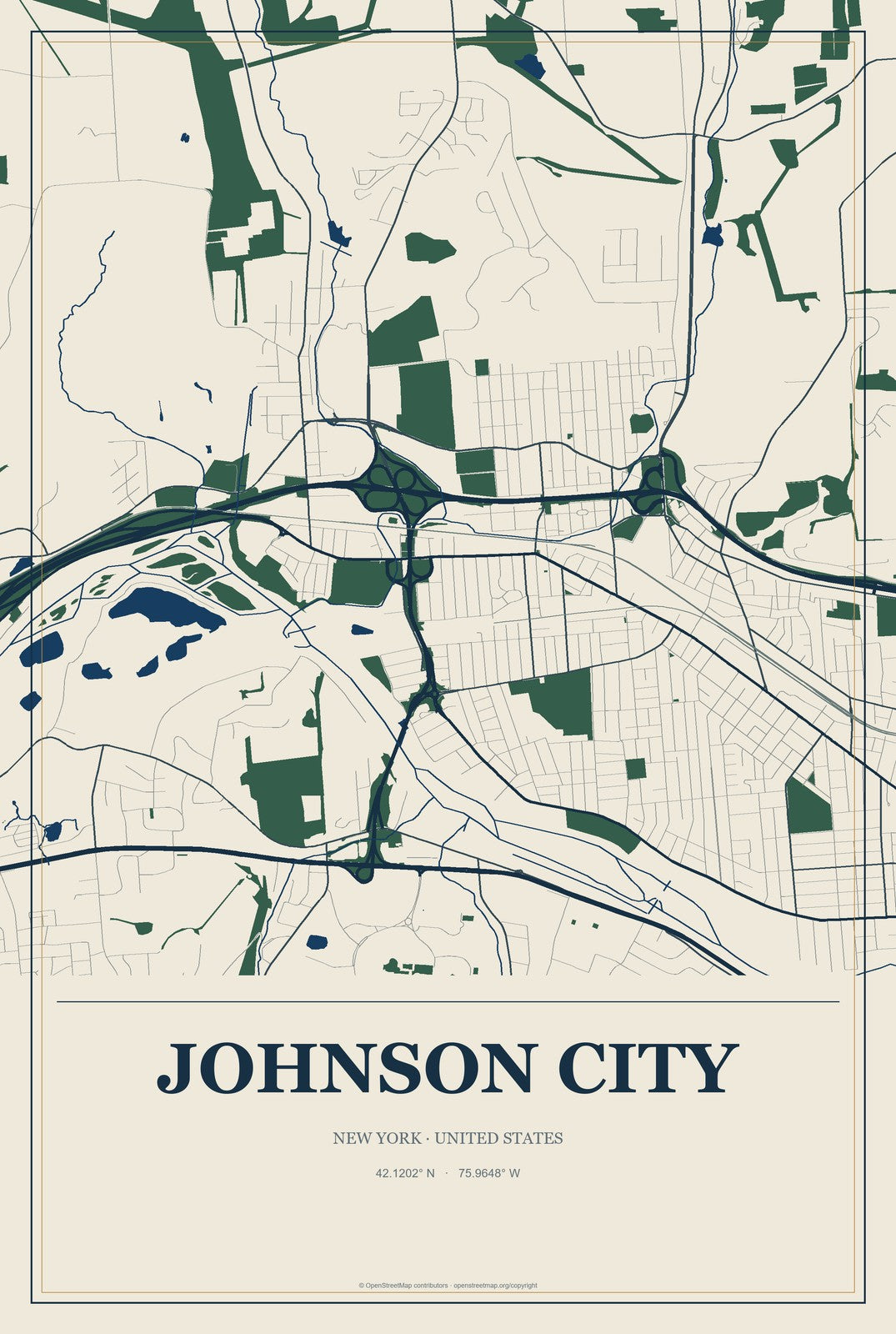 Johnson City, New York City Map Aluminum Sign in Coastal Cutout style
