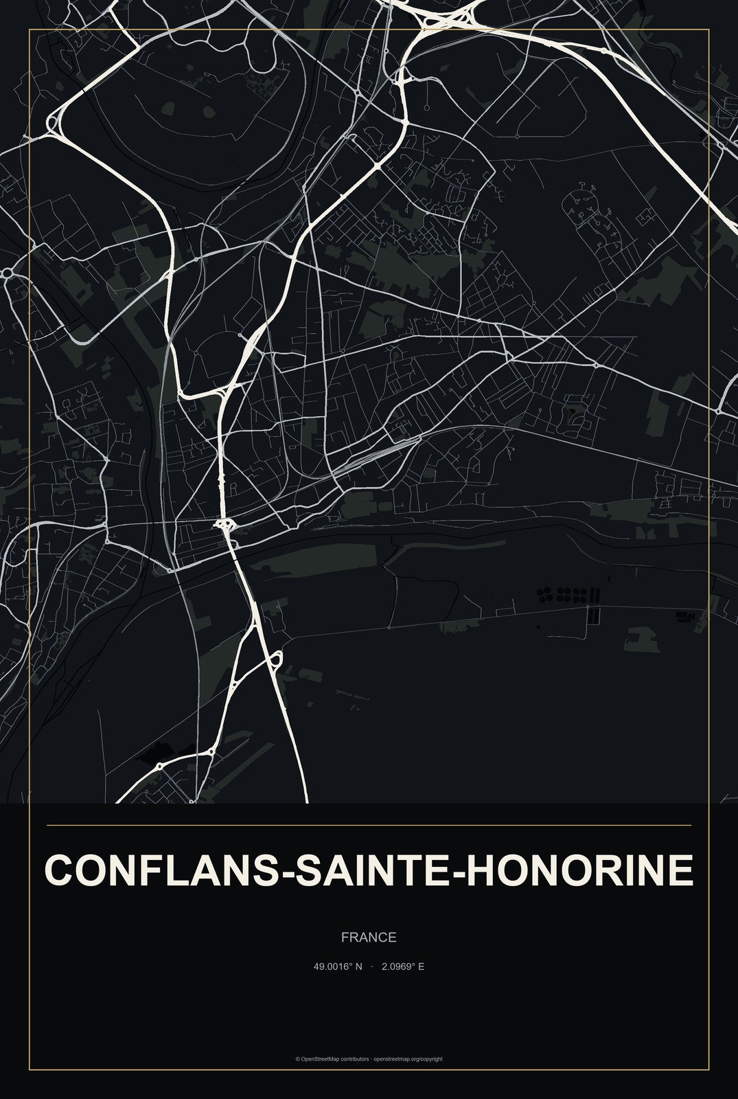 Conflans-Sainte-Honorine, France City Map Aluminum Sign in Metropolitan Noir style