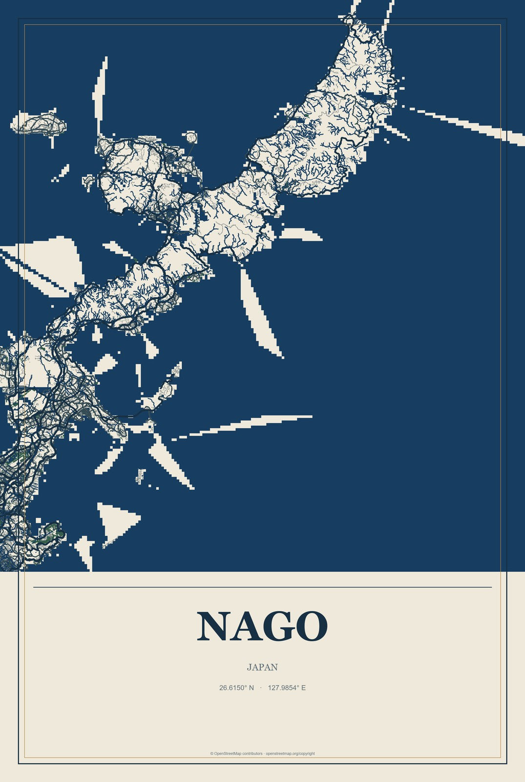 Nago, Japan City Map Aluminum Sign in Coastal Cutout style