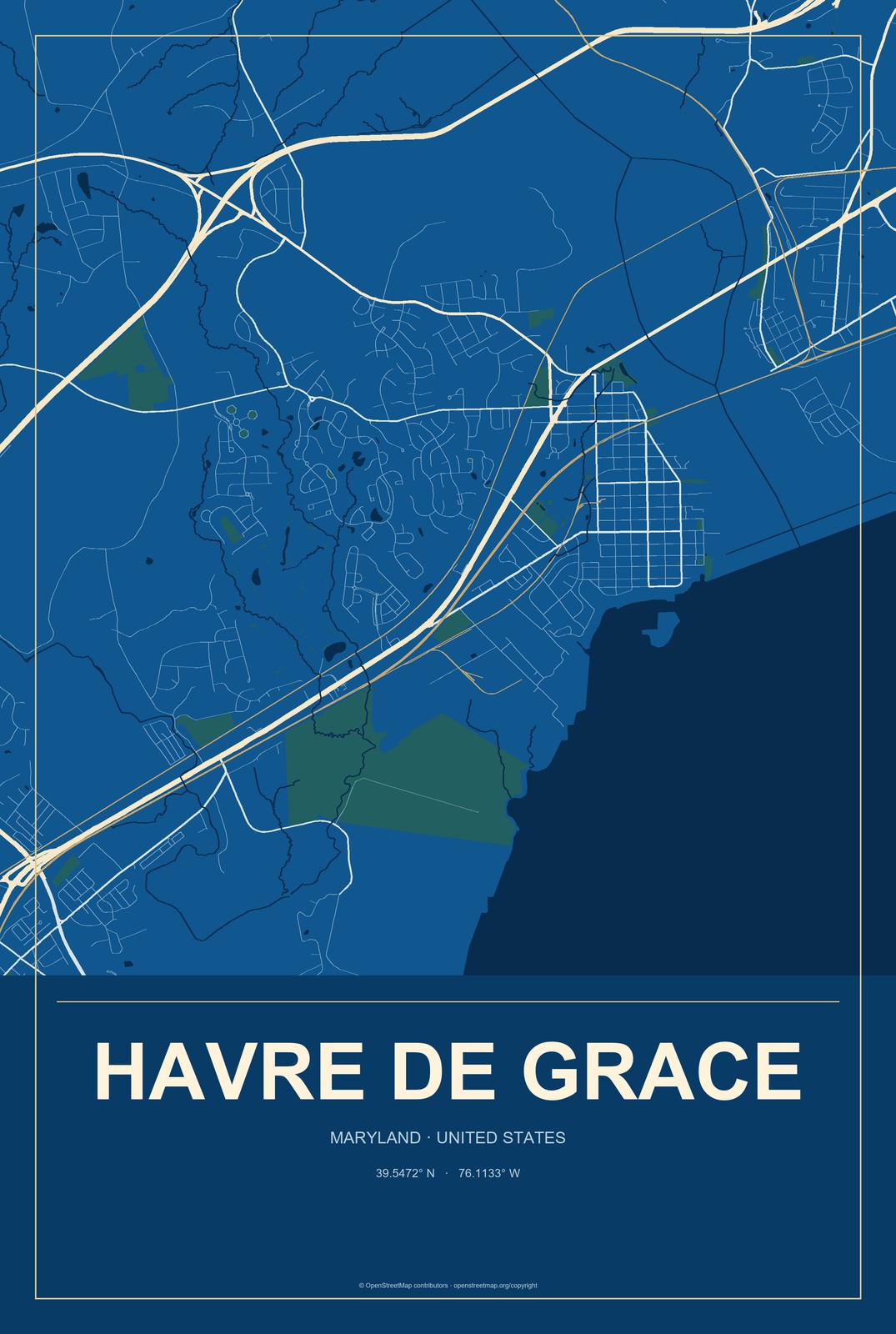 Havre de Grace, Maryland City Map Aluminum Sign in Harbor Cobalt style