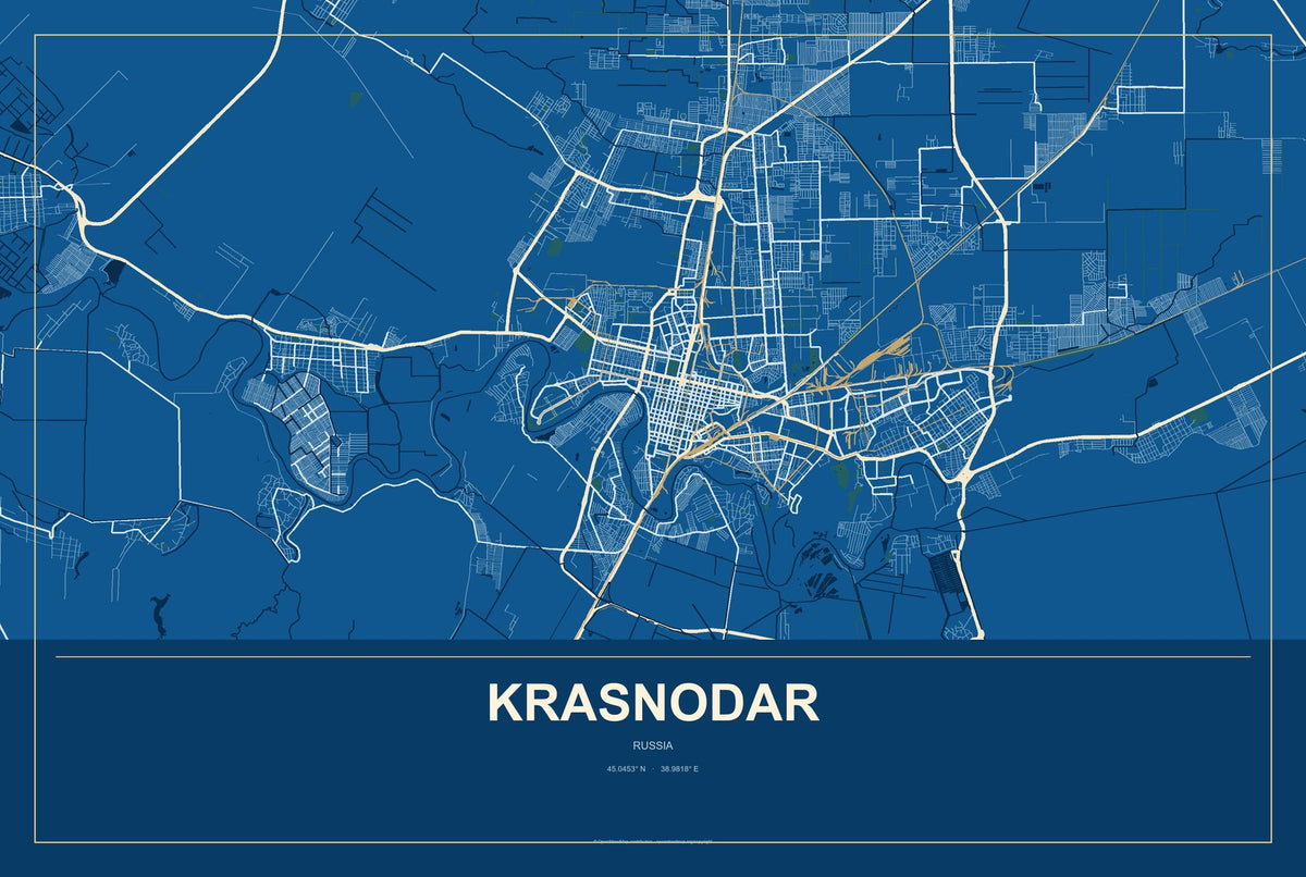 Krasnodar, Russia City Map Aluminum Sign in Harbor Cobalt style