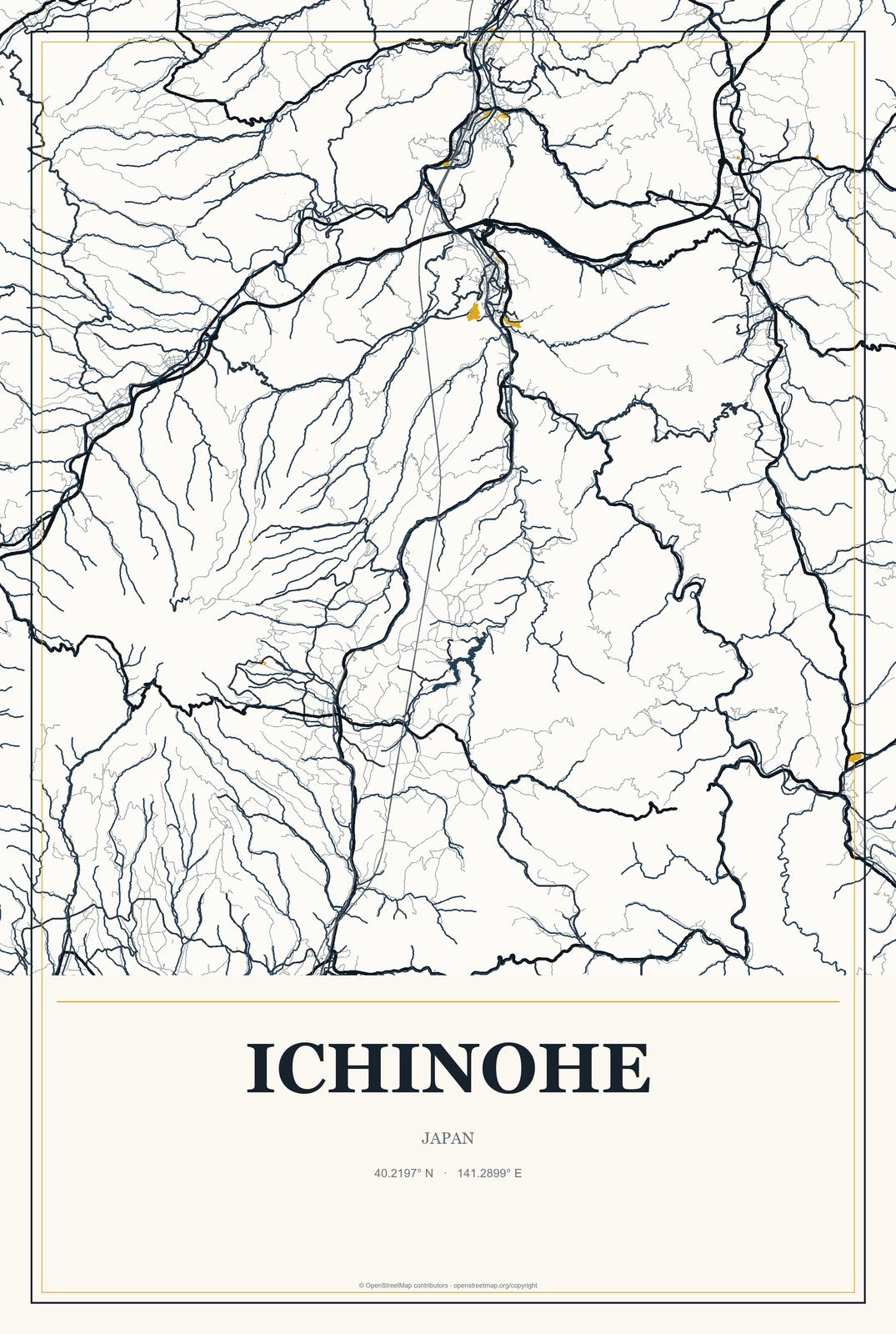 Ichinohe, Japan City Map Aluminum Sign in Citrine Modern style