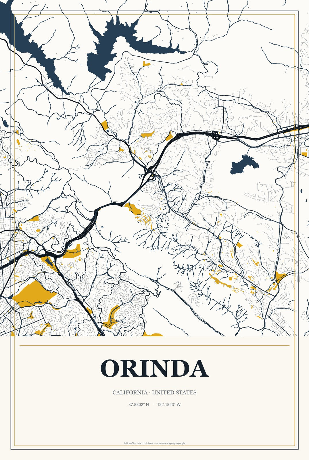Orinda, California City Map Aluminum Sign in Citrine Modern style