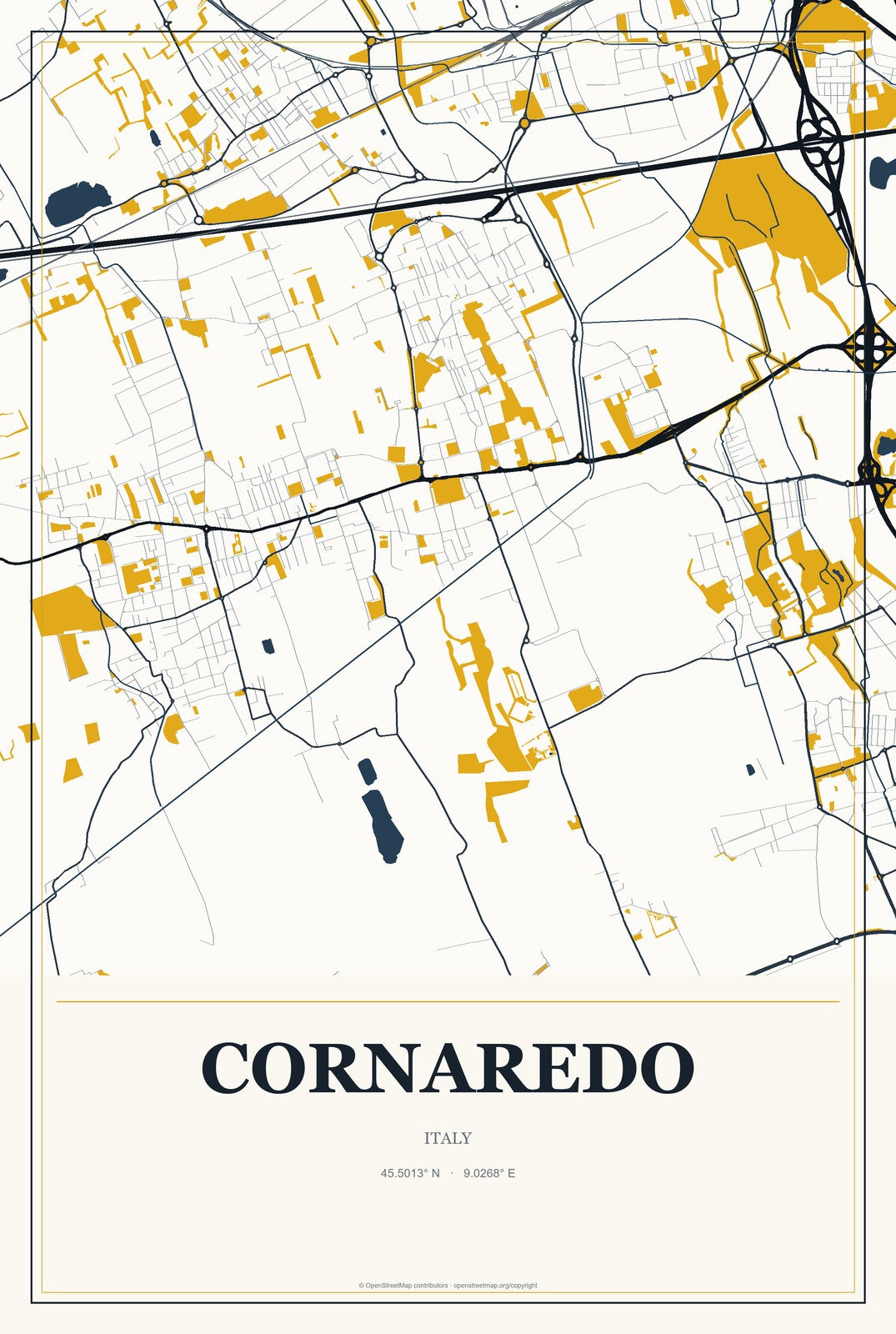 Cornaredo, Italy City Map Aluminum Sign in Citrine Modern style