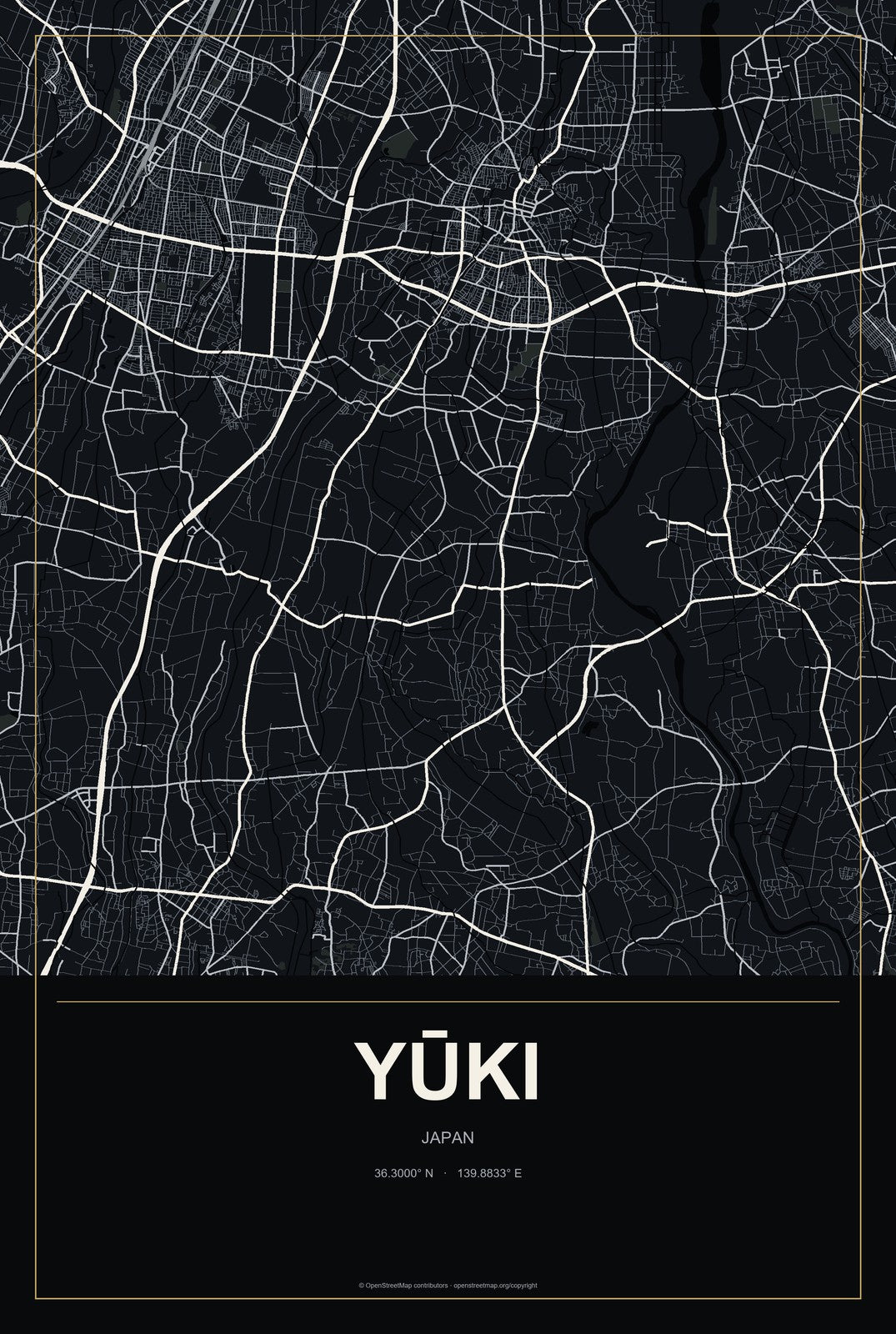 Yūki, Japan City Map Aluminum Sign in Metropolitan Noir style