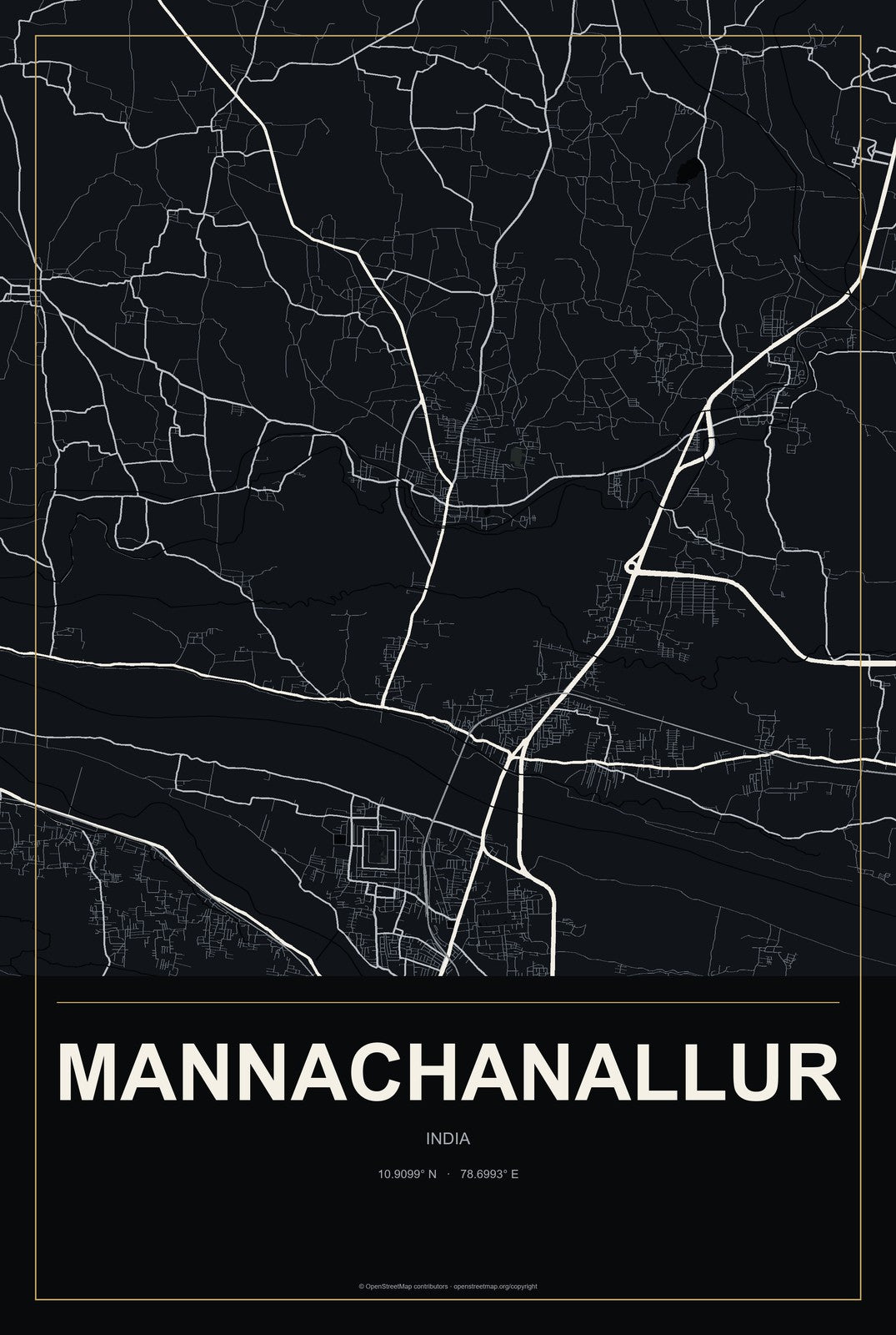 Mannachanallur, India City Map Aluminum Sign in Metropolitan Noir style