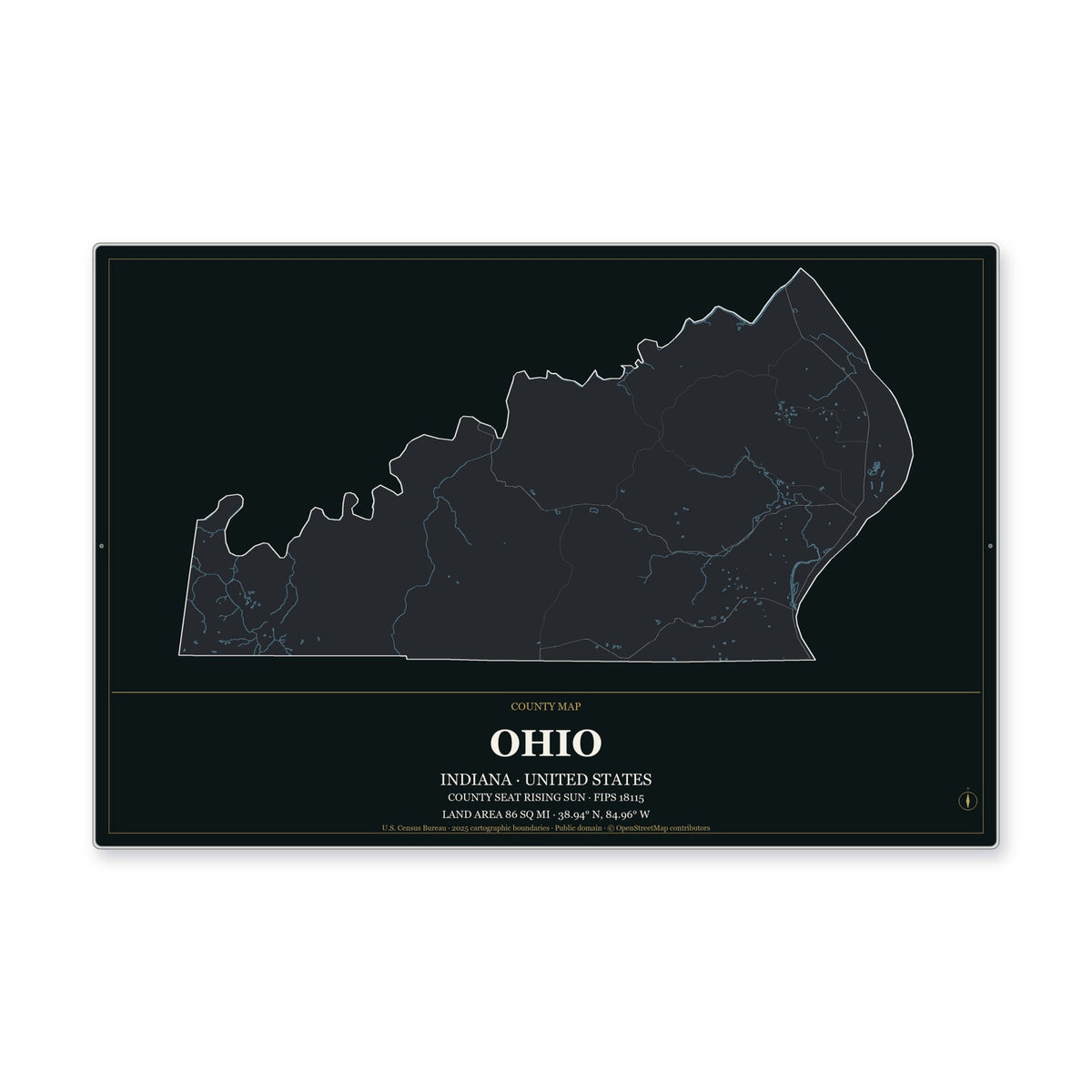 Ohio County, Indiana Map Aluminum Sign in Metropolitan Noir style
