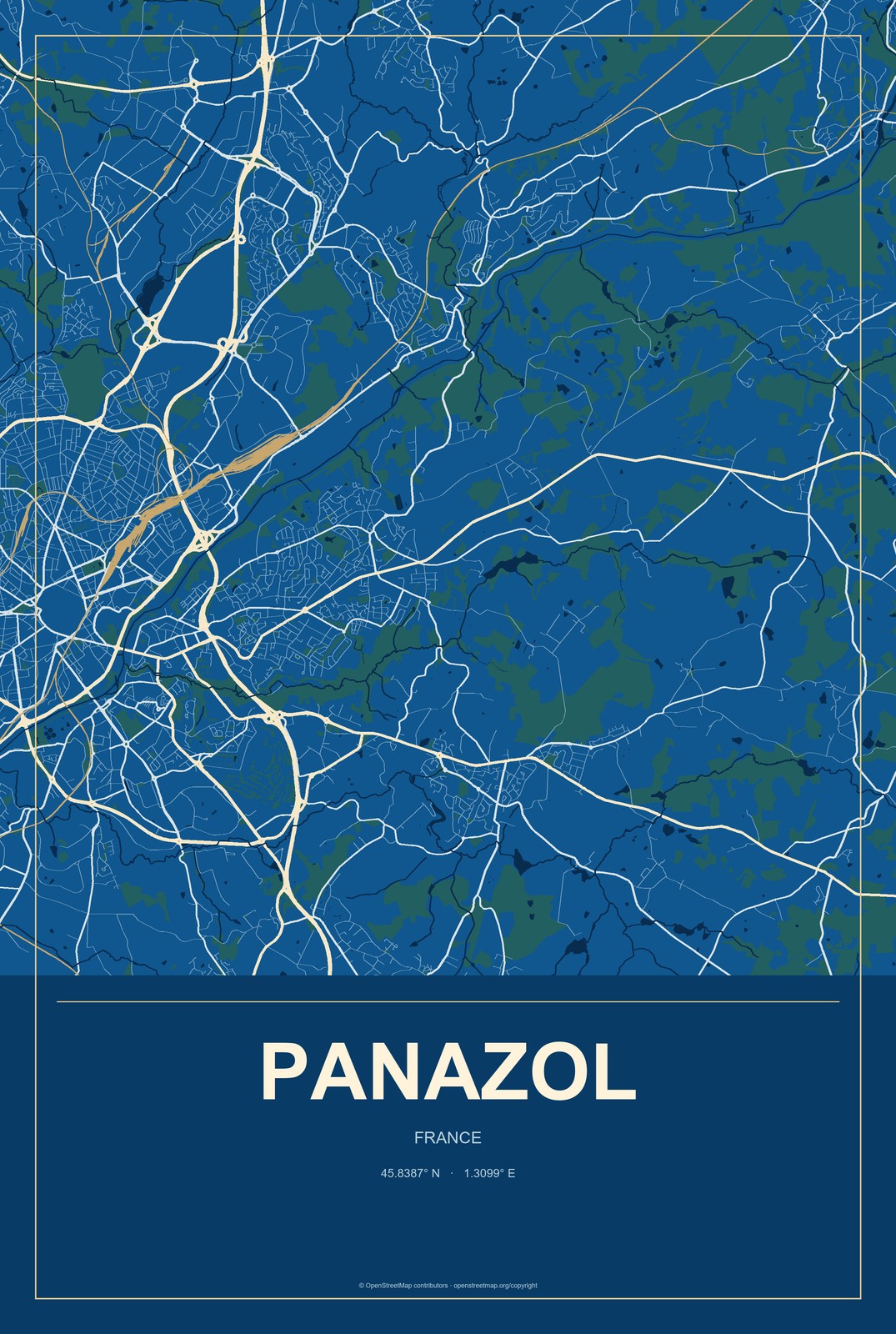 Panazol, France City Map Aluminum Sign in Harbor Cobalt style