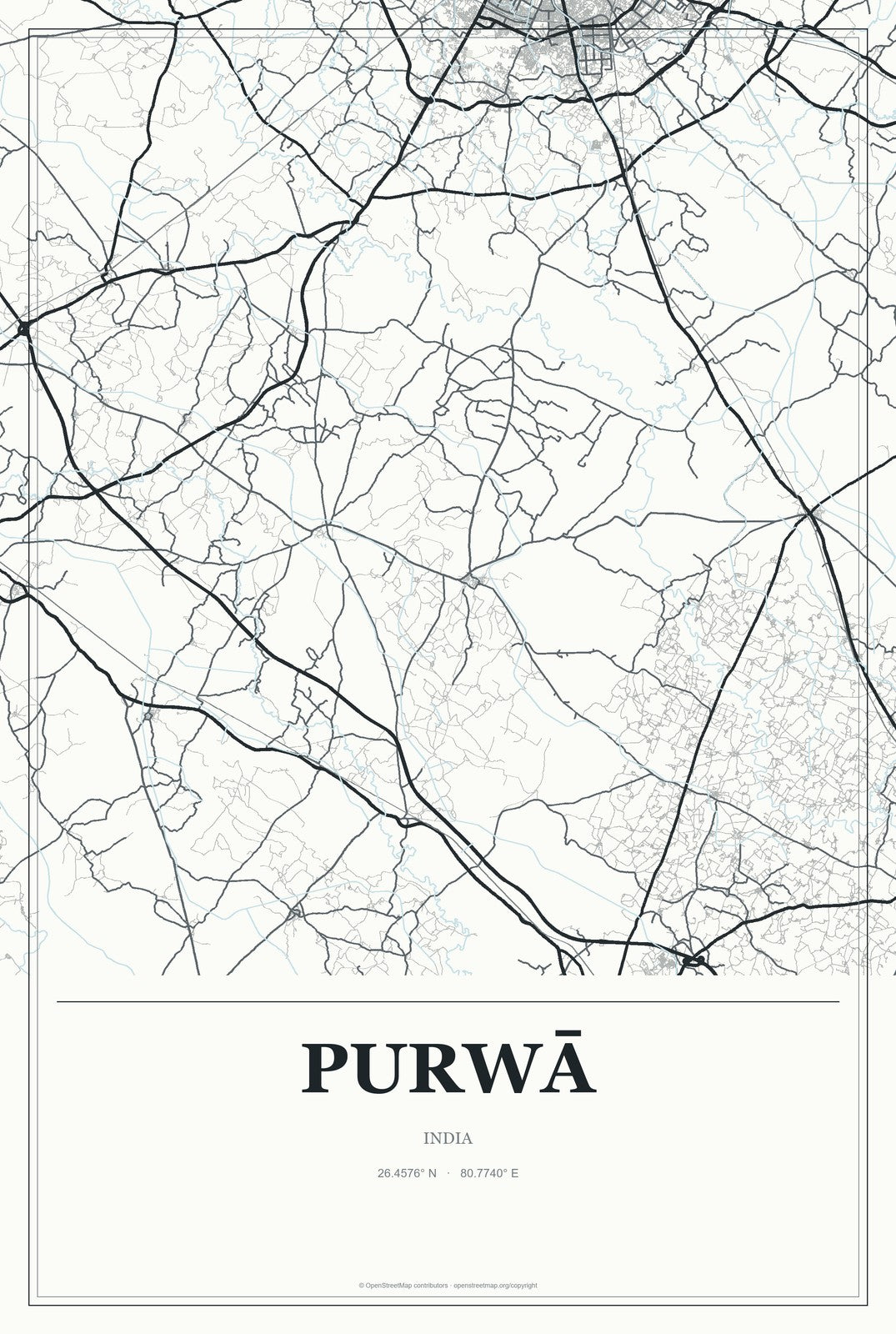 Purwā, India City Map Aluminum Sign in Gallery Air style
