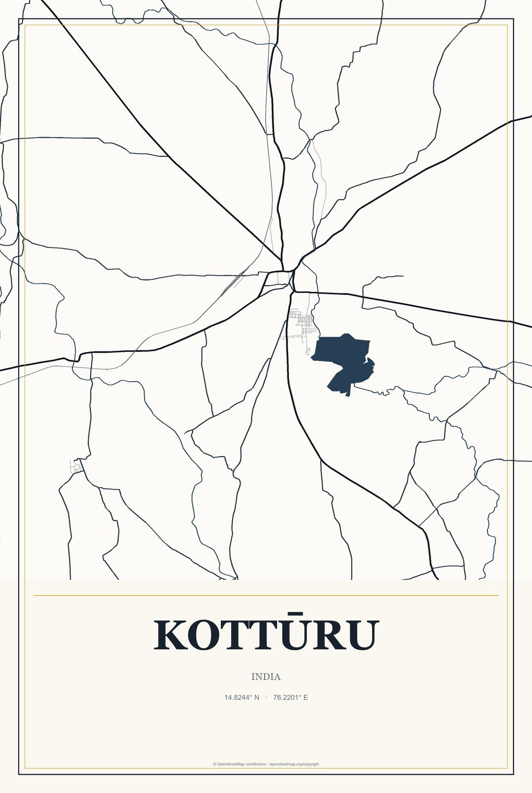 Kottūru, India City Map Aluminum Sign in Citrine Modern style