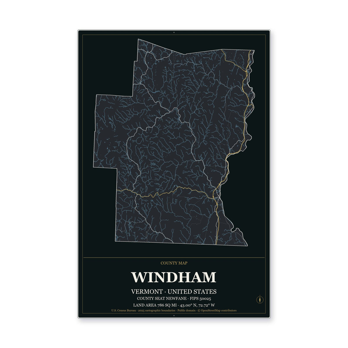 Windham County, Vermont Map Aluminum Sign in Metropolitan Noir style
