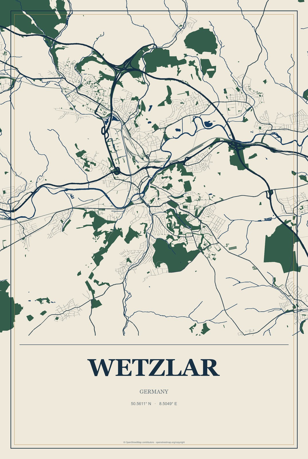 Wetzlar, Germany City Map Aluminum Sign in Coastal Cutout style