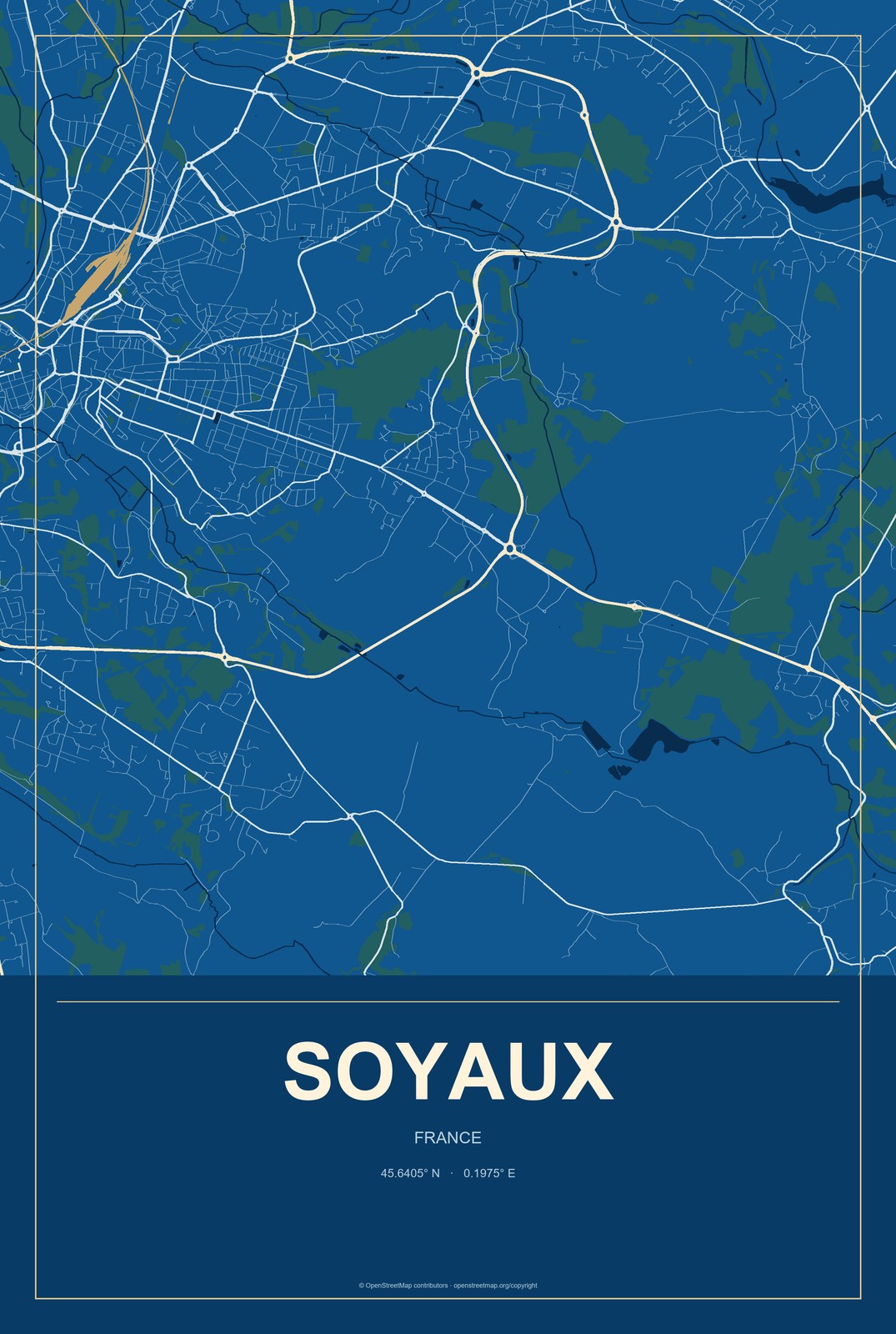 Soyaux, France City Map Aluminum Sign in Harbor Cobalt style