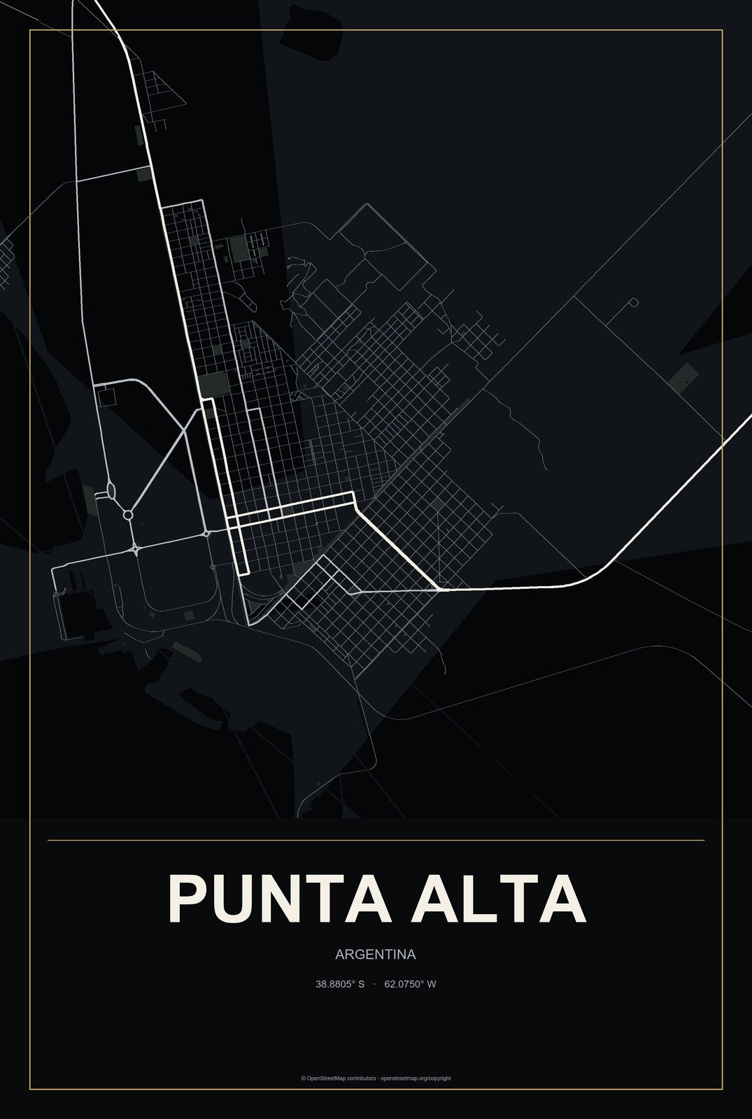 Punta Alta, Argentina City Map Aluminum Sign in Metropolitan Noir style